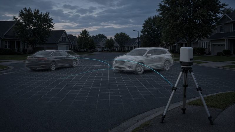 Dusk residential street with two vehicles, sightline and trajectory lines over a survey grid, and a laser scanner on a tripod