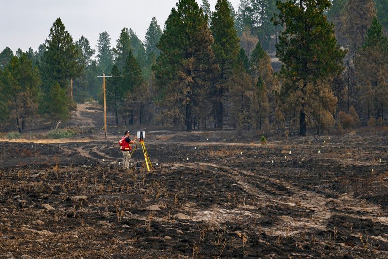 Surveyor in a red vest with a laser scanner documenting a burned forest field marked with survey flags