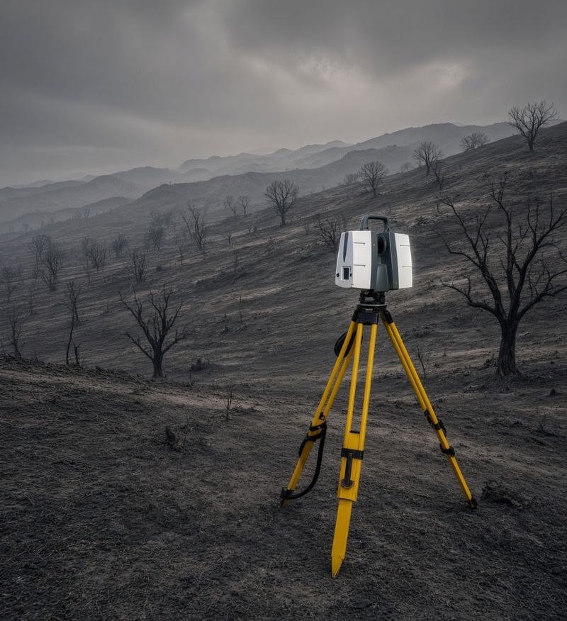 Leica laser scanner on a yellow survey tripod on a gray, burned hillside under an overcast sky