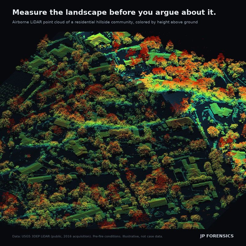 Airborne LiDAR point cloud of a hillside neighborhood colored by height, titled Measure the landscape before you argue about it